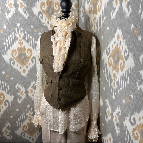 Ralph Lauren Olive Herringbone and Leather Gilet Waistcoat Vest - Picture 10 of 16